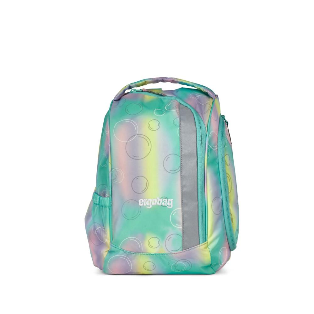 Ein bunter Rucksack mit Blasendesign in Grün, Lila und Gelb. Er hat einen Griff, Seitentaschen und das Logo 'ergobag'.