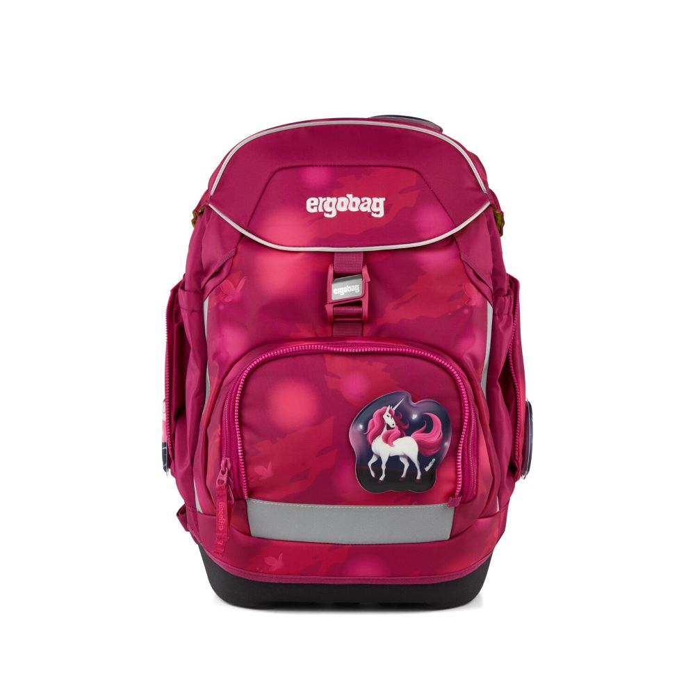 Ein pinkfarbener Ergobag-Rucksack mit einem Einhorn-Aufkleber. Die Tasche hat mehrere Fächer und Reißverschlüsse.