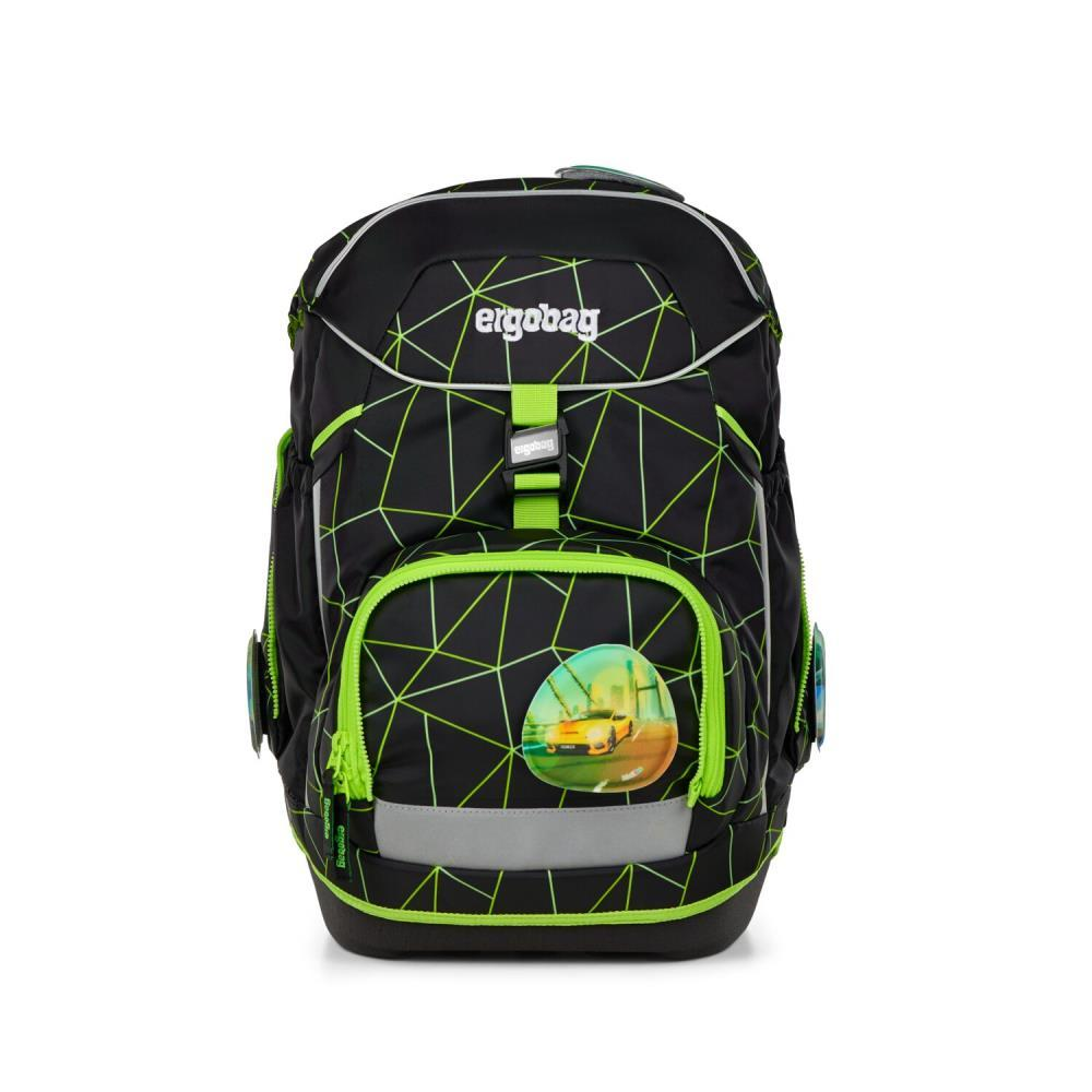 Schwarzer Ergobag-Rucksack mit grünen Akzenten. Auf der Vordertasche befindet sich eine Autografik. Geometrisches Muster. Reflexstreifen.
