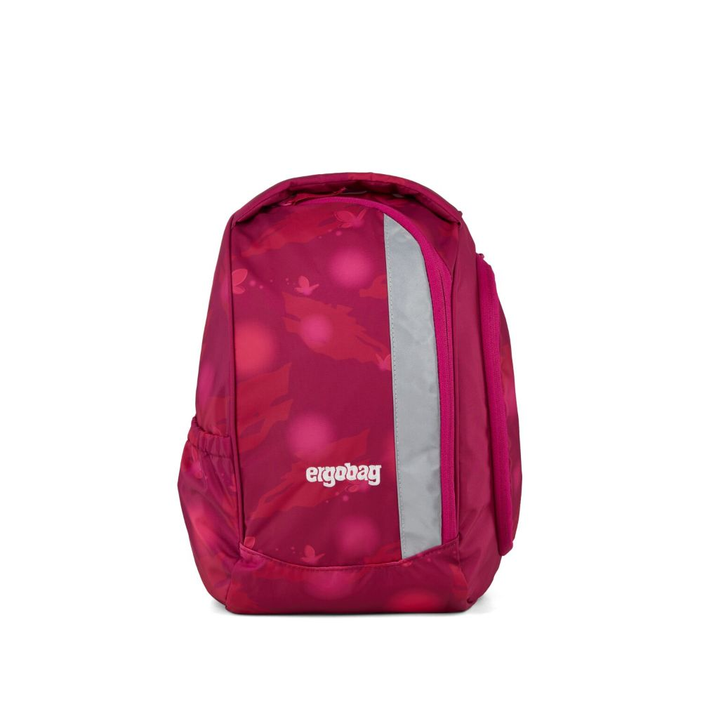 Ein pinkfarbener Ergobag-Rucksack mit reflektierendem Streifen und einem Muster aus Punkten und Schmetterlingsformen. Der Hintergrund ist weiß.