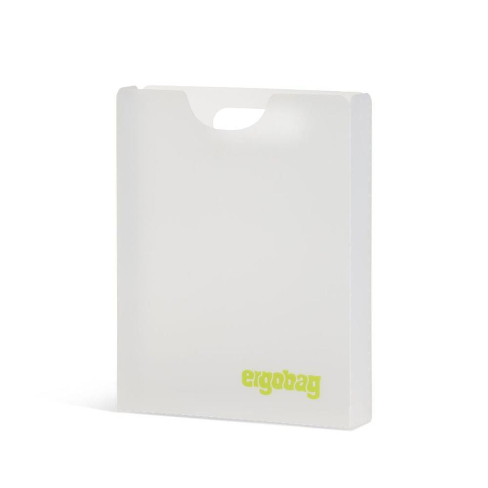 Eine weiße Plastiktüte mit Grifföffnung oben und dem Wort 'ergobag' in Grün unten.