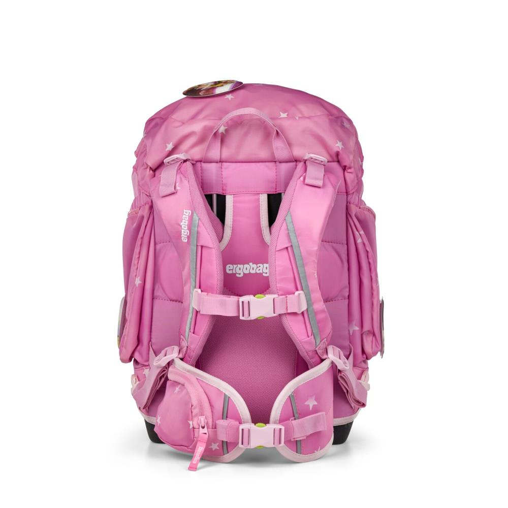 Rosa Ergobag-Rucksack mit weißen Sternen, Riemen und Taschen. Auf der Vorderseite und auf den Riemen steht 'ergobag'.
