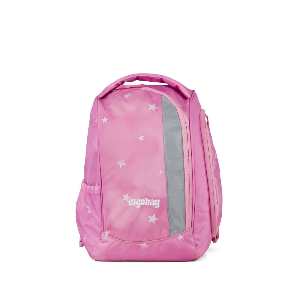 Rosa Rucksack mit weißen Sternen. Er hat einen grauen, reflektierenden Streifen und das Wort 'ergobag'. Er hat einen Griff und eine Seitentasche.