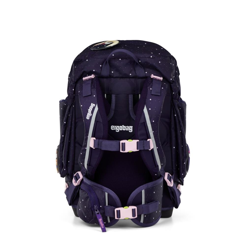 Ein dunkelblauer Rucksack mit weißen Punkten, rosa Akzenten und dem Schriftzug 'ergobag'. Er hat mehrere Fächer und verstellbare Träger.