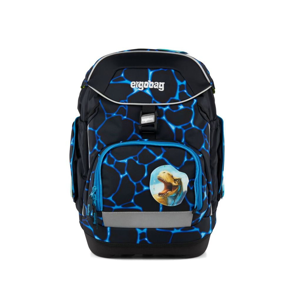 Schwarzer Schulrucksack mit blauem, abstraktem Muster. Er zeigt ein Dinosaurierbild und den Markennamen 'ergobag'.