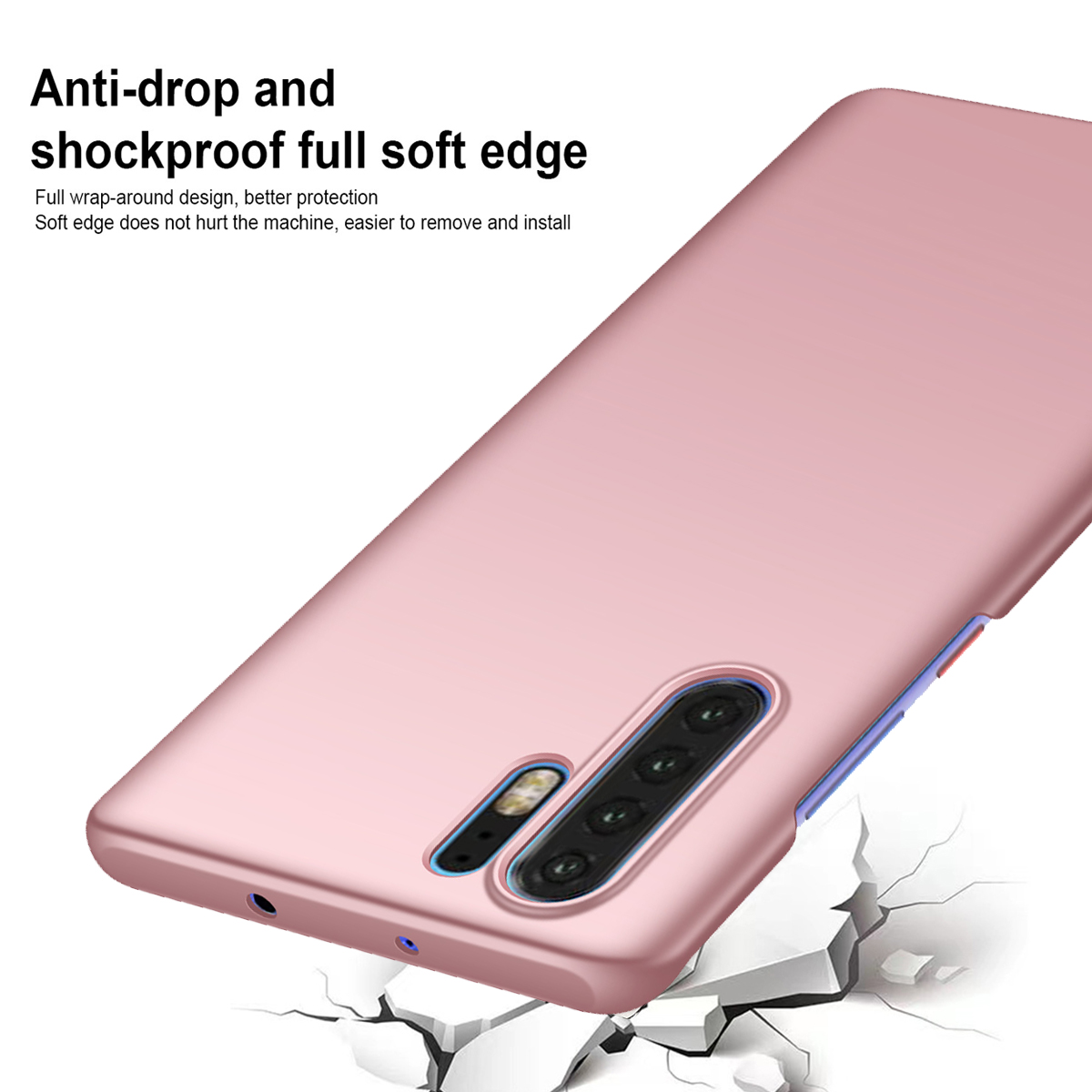 Eine rosa Handyhülle mit Kameramodul wird gezeigt. Sie ist mit 'Anti-Drop' und 'stoßfest' gekennzeichnet.