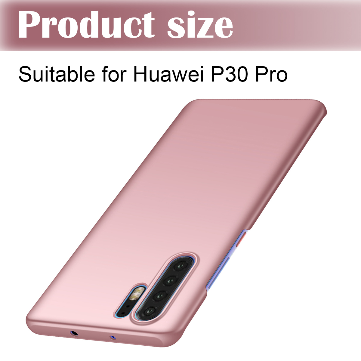Eine roségoldene Handyhülle für Huawei P30 Pro. Die Hülle bedeckt Rückseite & Seiten, mit Kamera- & Knopfausschnitten. Text: Produktgröße.