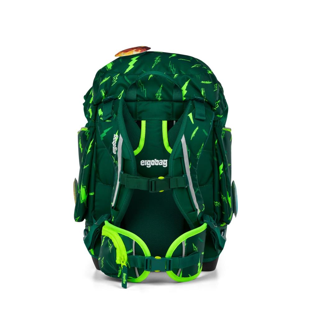 Grüner Rucksack mit Blitzmustern. Er hat gelbe Akzente und die Marke 'ergobag' ist sichtbar.