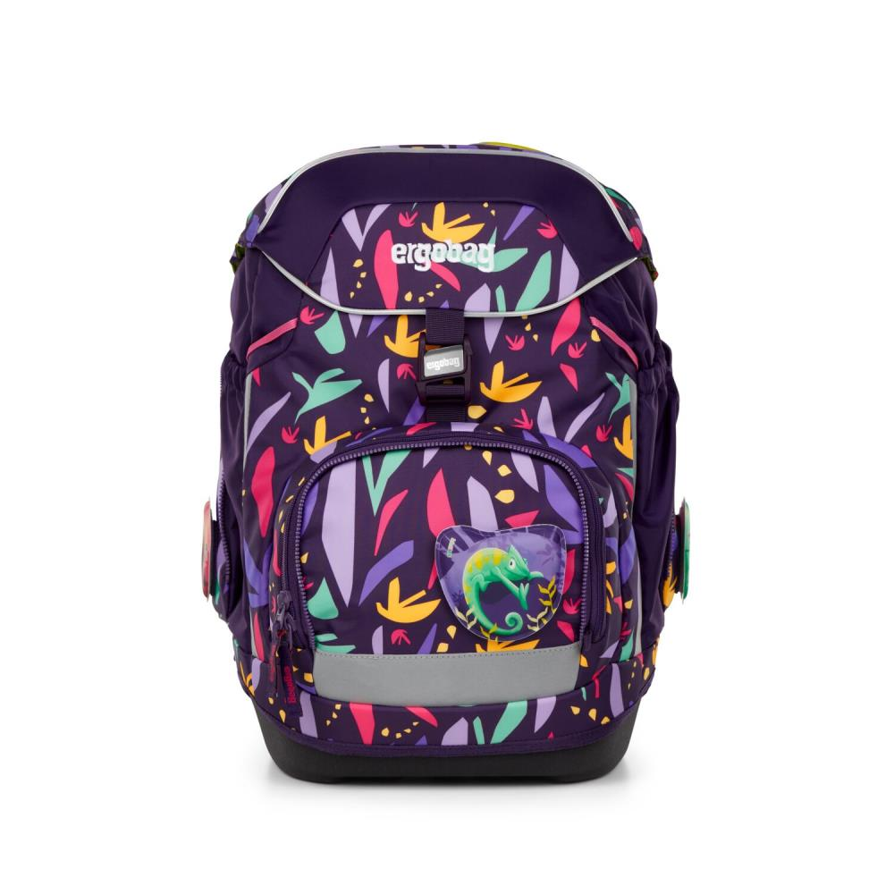 Lila Ergobag-Rucksack mit bunten Blattmustern und einem Chamäleon. Er hat mehrere Fächer und Riemen mit einem reflektierenden Streifen.