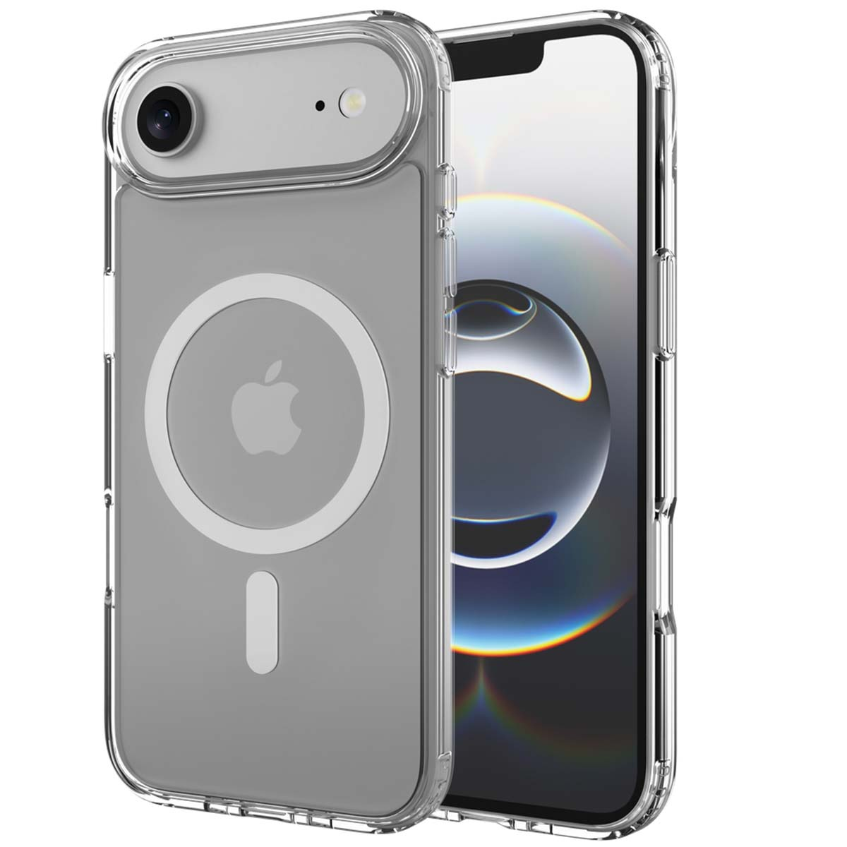 Custodia trasparente per iPhone con telefono all'interno. La custodia ha un ritaglio per la fotocamera, un logo Apple bianco e un indicatore di carica.