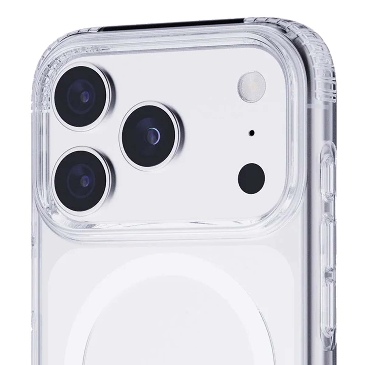 Primo piano di una custodia trasparente per telefono con lenti della fotocamera. Tre lenti nere, un flash e un punto nero sono visibili.