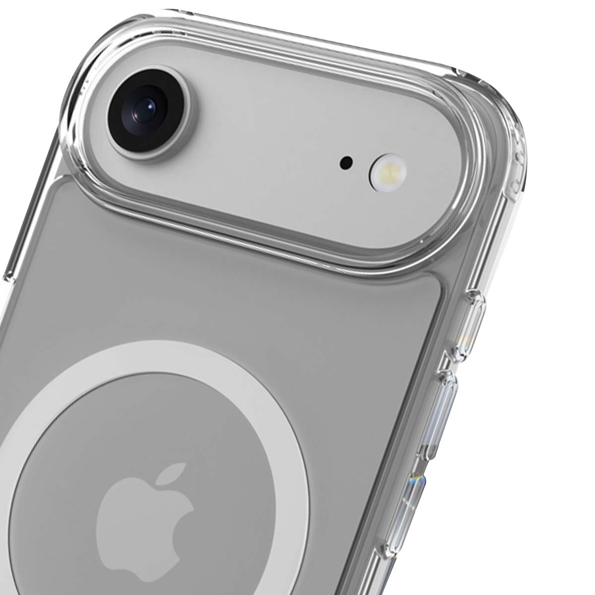 Una custodia trasparente per telefono, che mostra la fotocamera, il flash e il logo Apple. La custodia ha un bordo trasparente e bottoni.