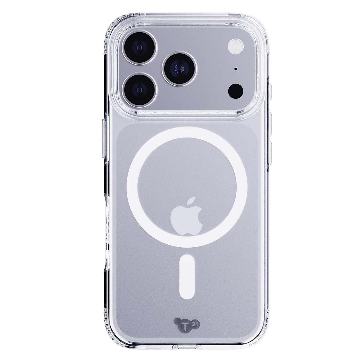 Una custodia trasparente per iPhone. Obiettivi della fotocamera visibili, un cerchio bianco, un logo Apple, una linea verticale e un logo 'T21'.