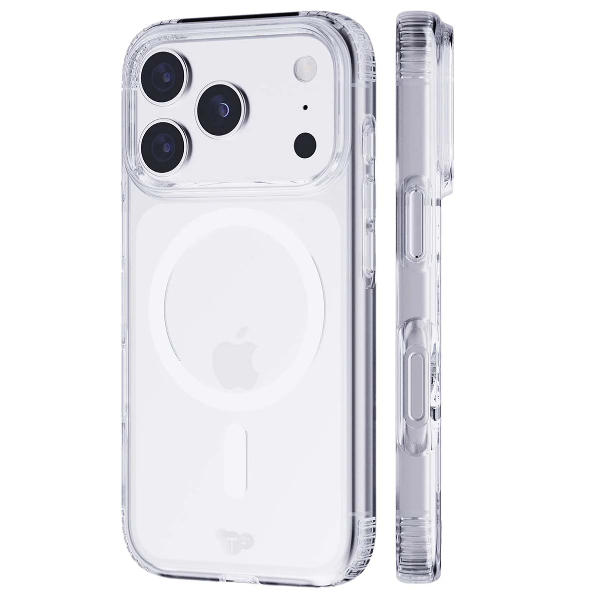 Custodia trasparente per telefono. La custodia circonda un telefono con fotocamere, pulsanti e un logo Apple. Una seconda custodia è mostrata di lato.