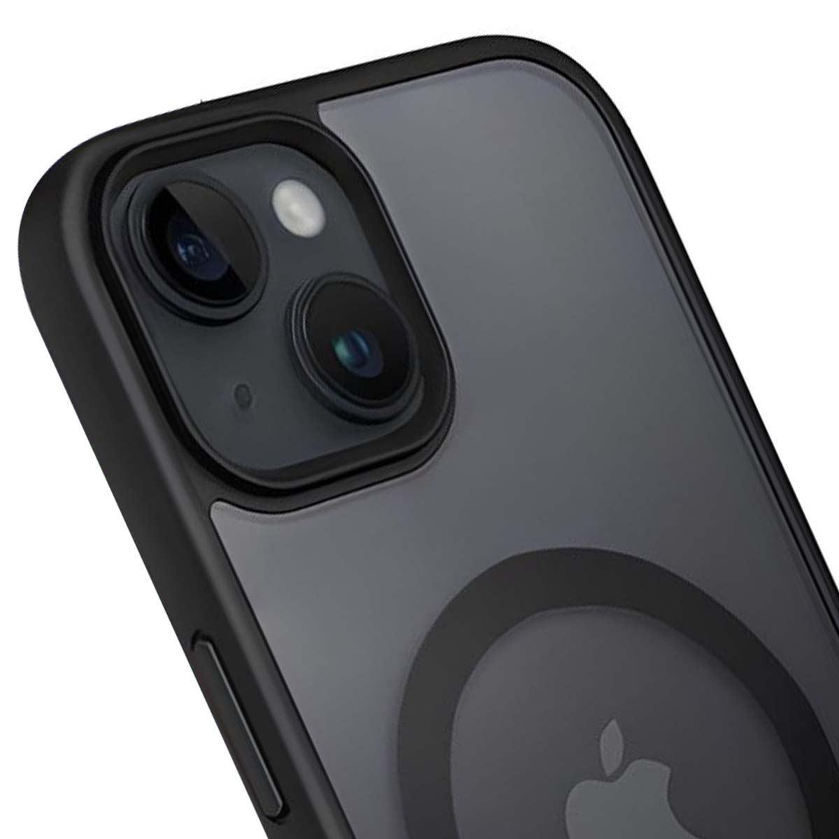 Primo piano di una custodia per telefono nera con due obiettivi della fotocamera. La custodia è su un telefono, con il logo Apple visibile.