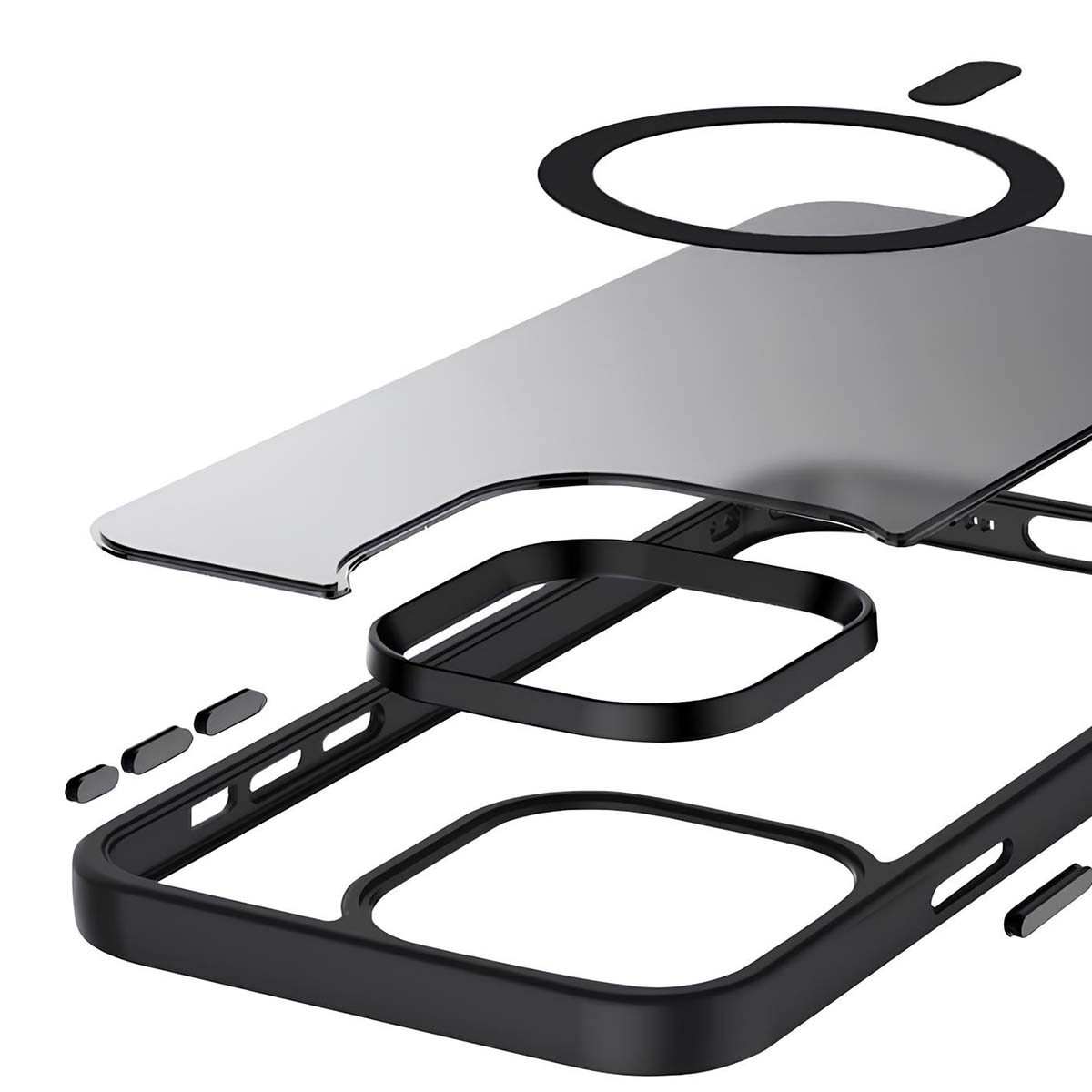 Vista esplosa di una custodia per telefono. Cornice nera, protezione schermo argentata, anelli e pulsanti neri visibili.