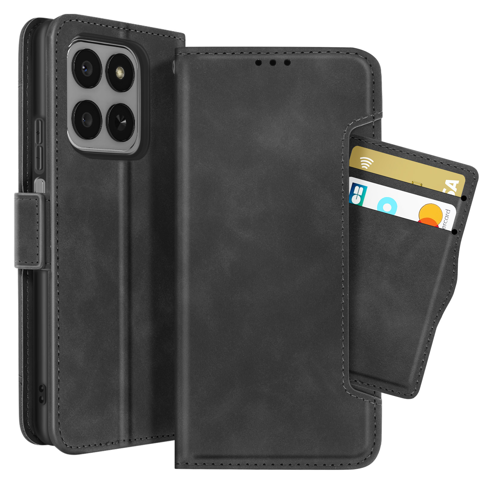 Schwarze Leder-Handyhülle mit Kartenfächern. Im Inneren befinden sich Kreditkarten. Das Telefon hat mehrere Kameralinsen.
