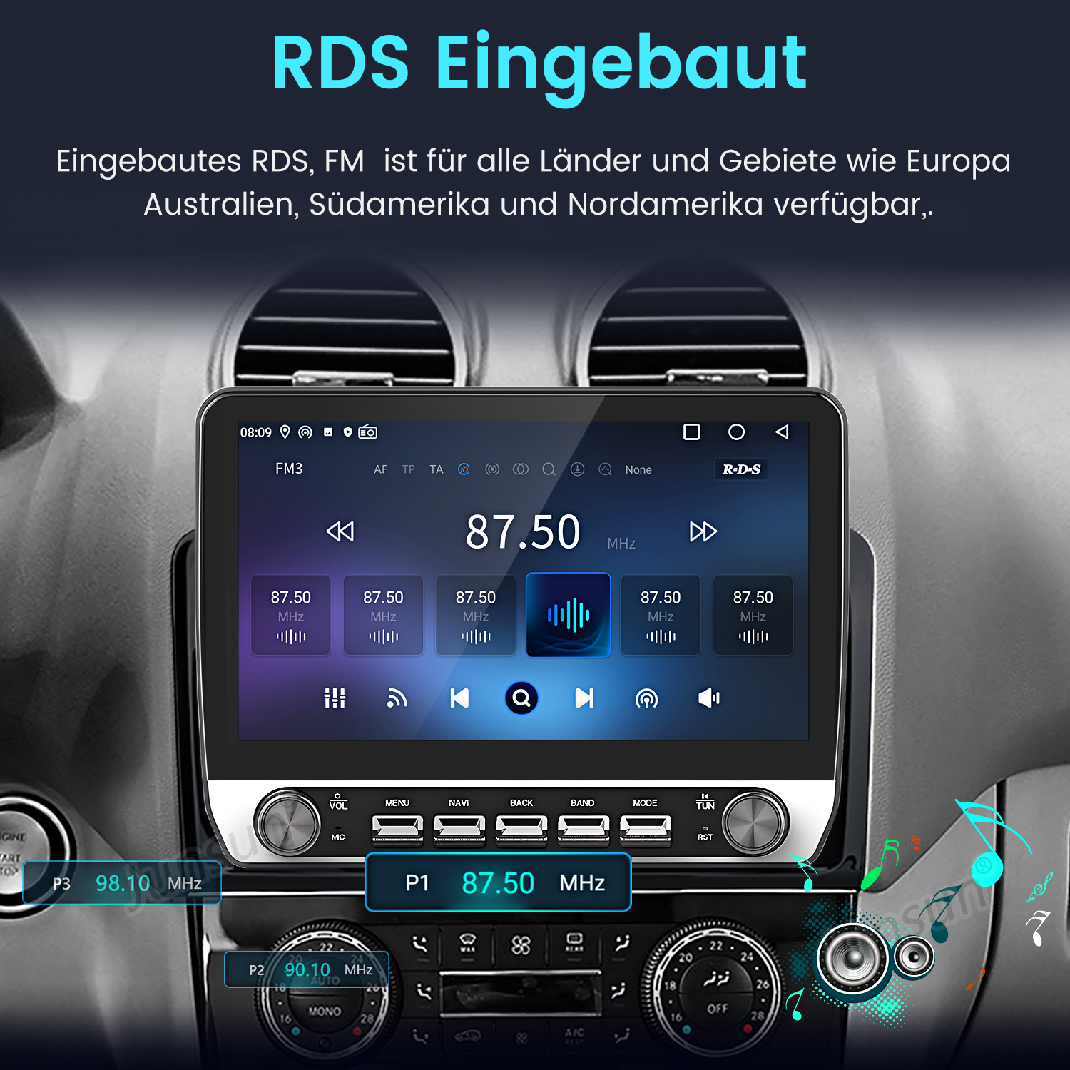 Autoradio-Bildschirm mit FM-Frequenz. Bedienelemente umfassen Lautstärke, Menü, Navigation und Bandwahl. RDS Eingebaut Text sichtbar.
