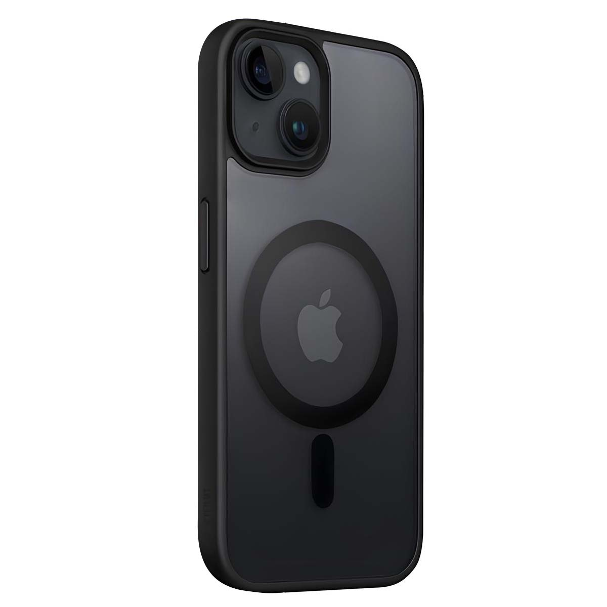 Un iPhone nero con una custodia trasparente. La custodia ha un anello magnetico con il logo Apple. Il telefono ha due fotocamere.