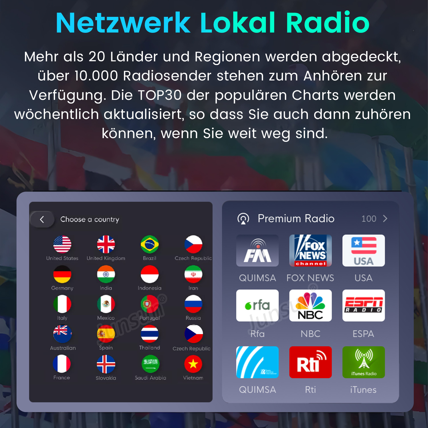App-Oberfläche mit Länderflaggen und Radiosendern. Text auf Deutsch. Menü listet Länder und Radiokanäle.