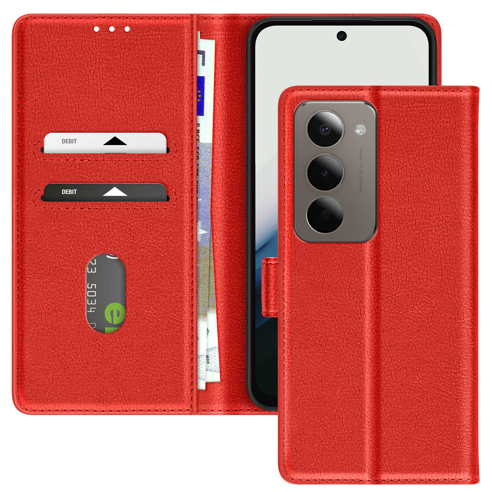 Custodia rossa per telefono con telefono all'interno. La custodia ha fessure per carte. Banconote visibili. Il telefono ha una fotocamera.