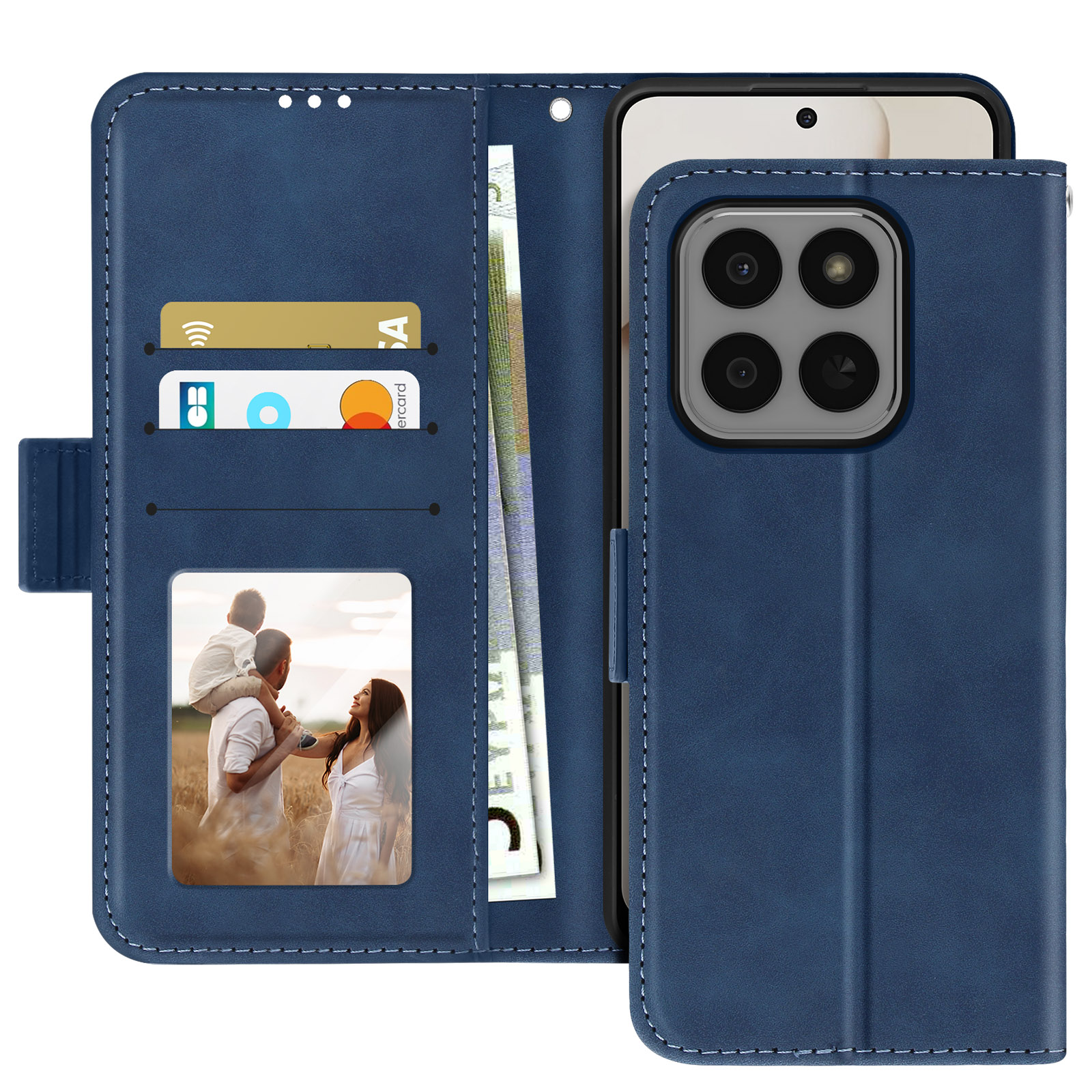Étui de téléphone bleu avec un téléphone, cartes de crédit, photo de famille et argent.