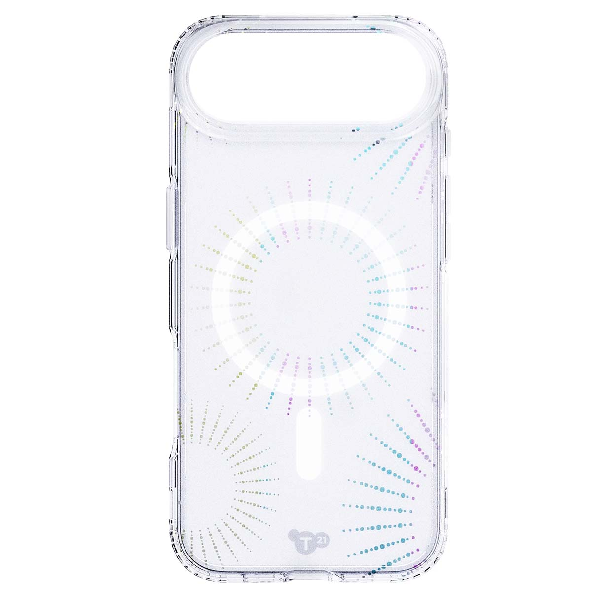 Custodia trasparente per telefono. Ha un motivo circolare di punti colorati. La custodia ha un foro per la fotocamera.