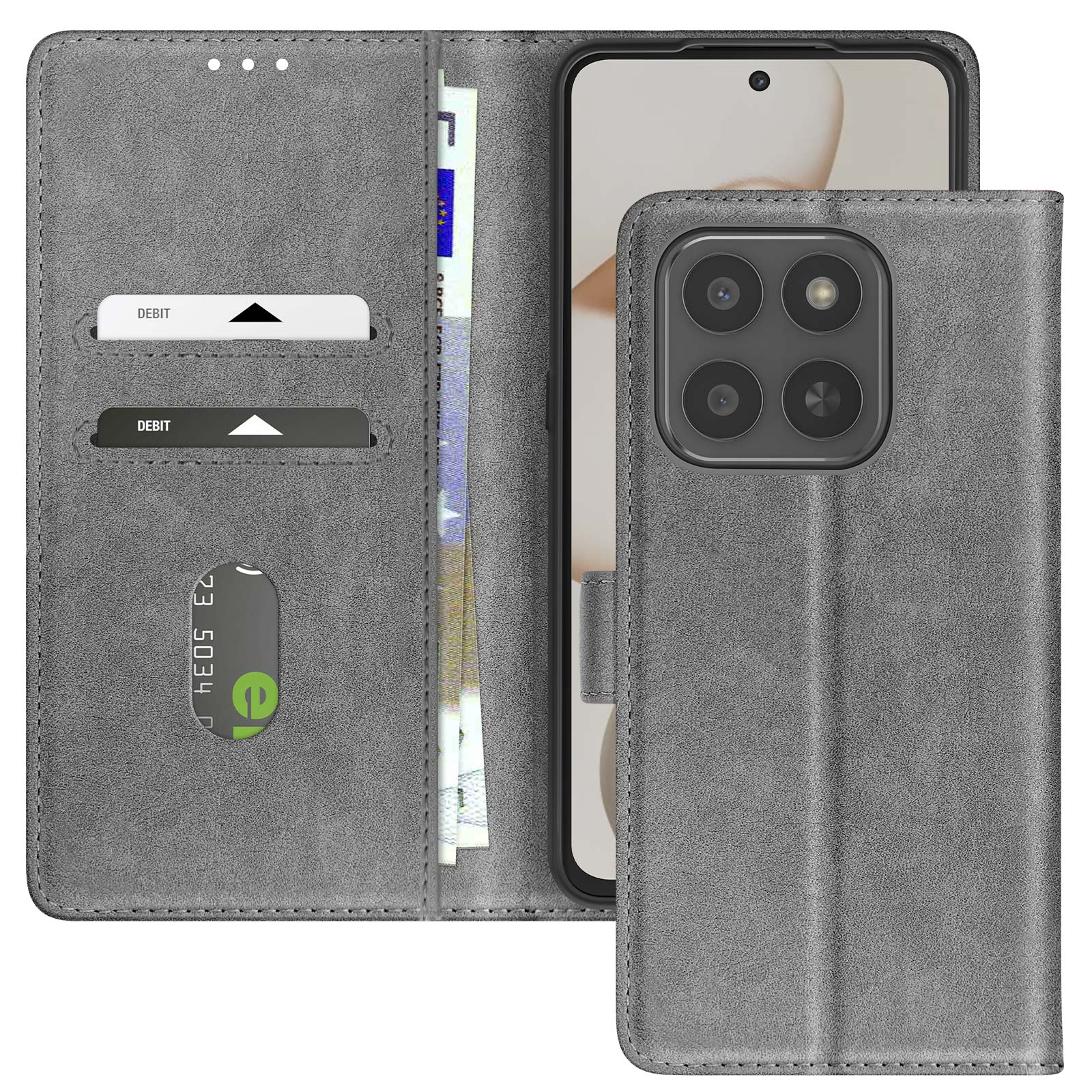 Custodia grigia per telefono con telefono all'interno. Carte e denaro visibili. La custodia ha uno slot per carta di debito.