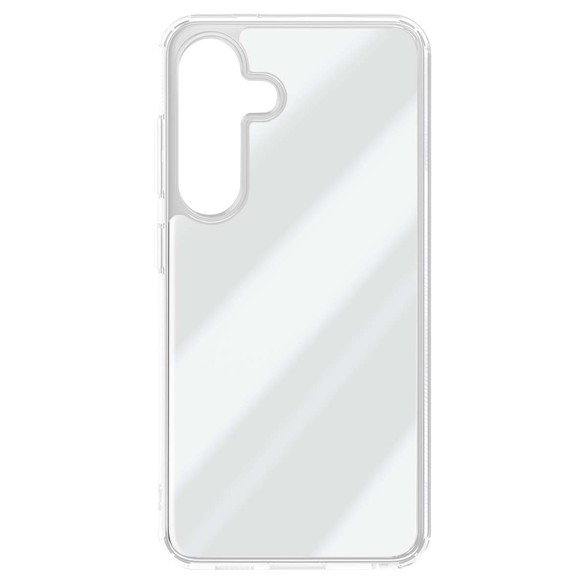 Una custodia trasparente per telefono. Ha un ritaglio per la fotocamera ed è trasparente.
