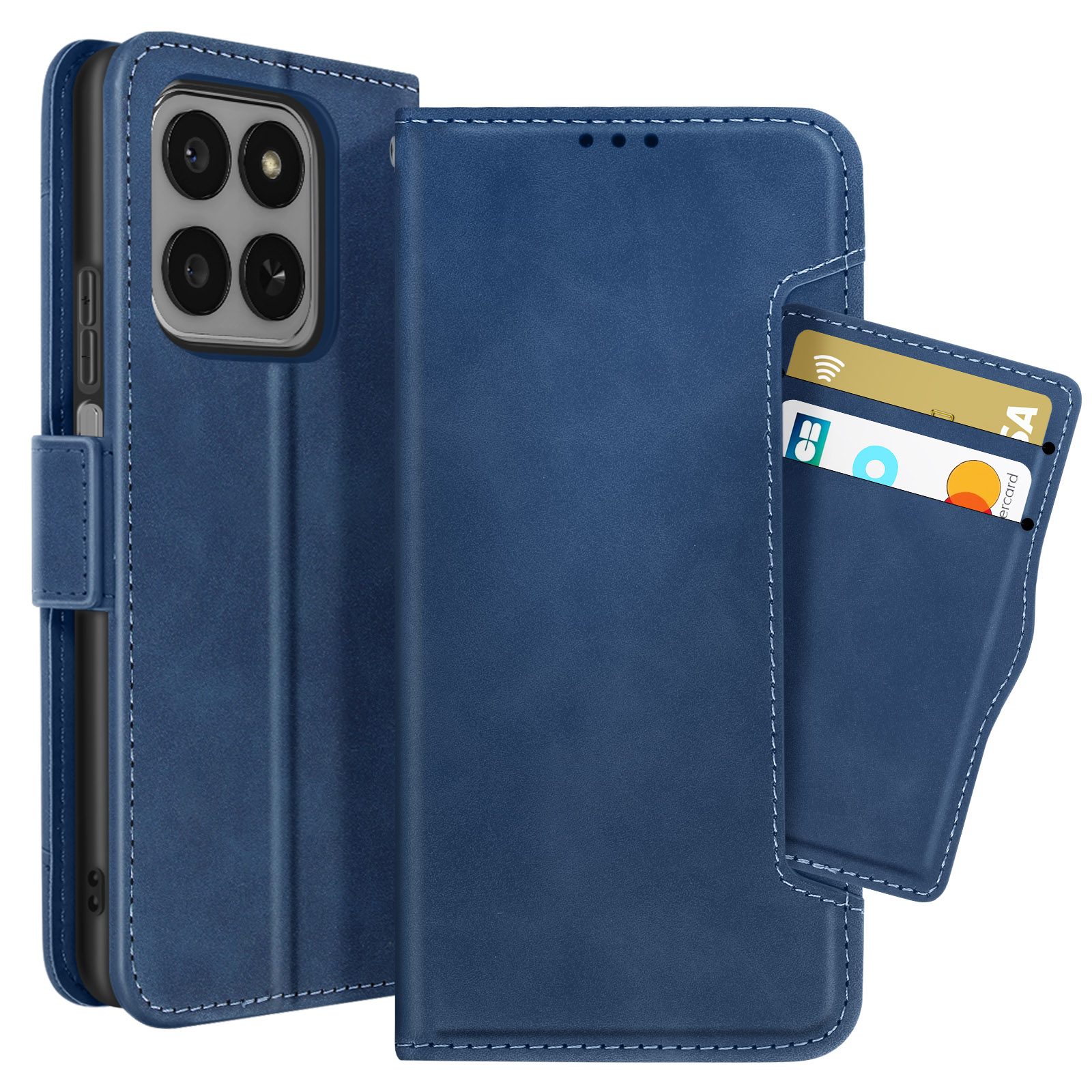 Étui de téléphone bleu avec cartes dans la poche. L'étui a des coutures blanches et une fermeture magnétique.