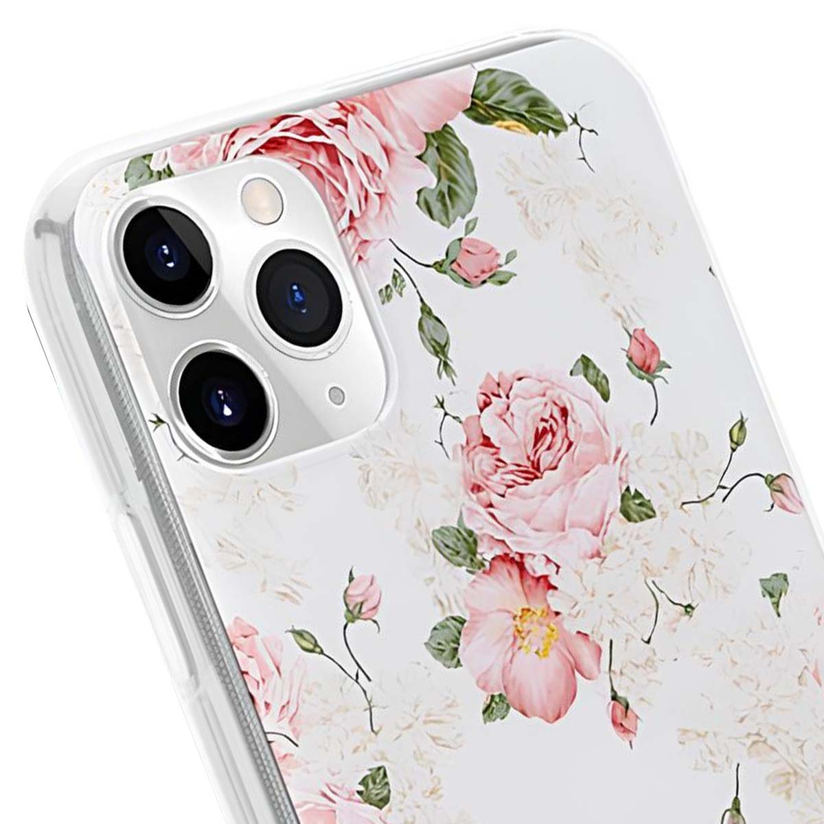 Nahaufnahme einer Handyhülle mit floralem Design. Rosa Rosen und Knospen, grüne Blätter und weiße Blüten sind sichtbar.