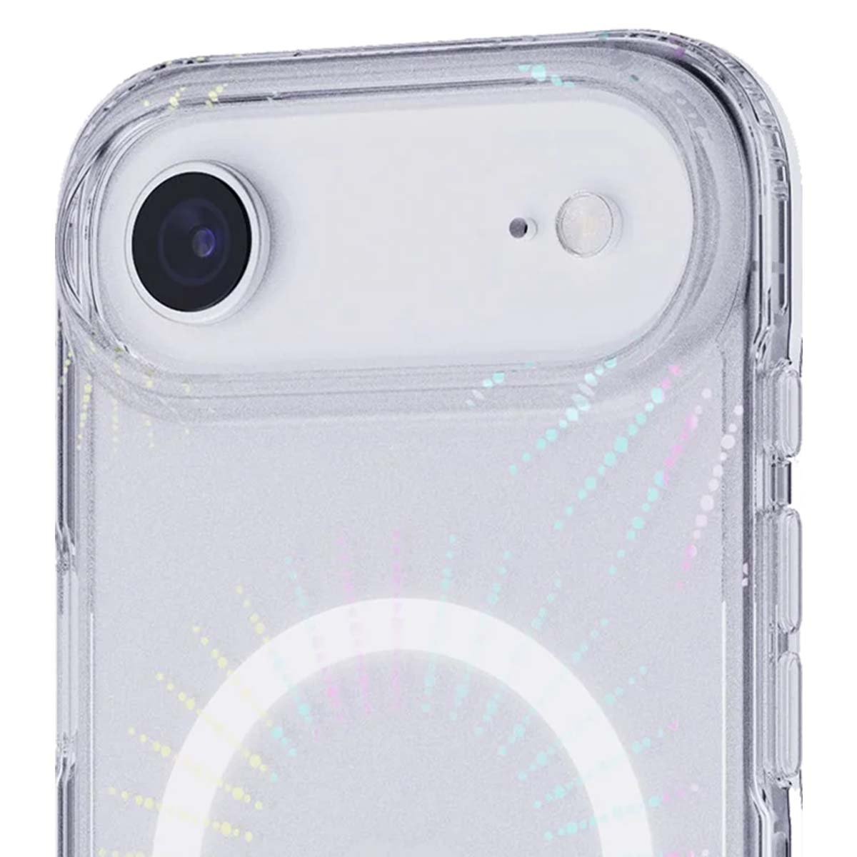 Primo piano di una custodia trasparente per telefono con fotocamera e flash. La custodia ha un anello di luce e punti colorati.