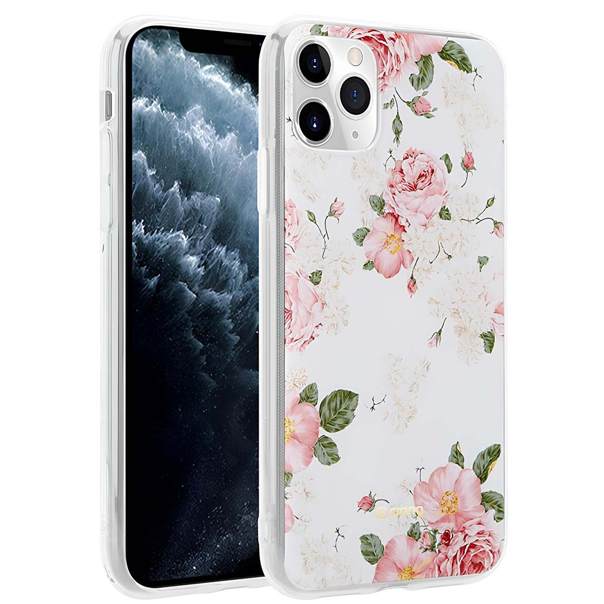 Ein Telefon in einer Hülle mit Blumenmuster. Die Hülle hat rosa Rosen und grüne Blätter auf weißem Grund. Das Telefon ist schwarz.