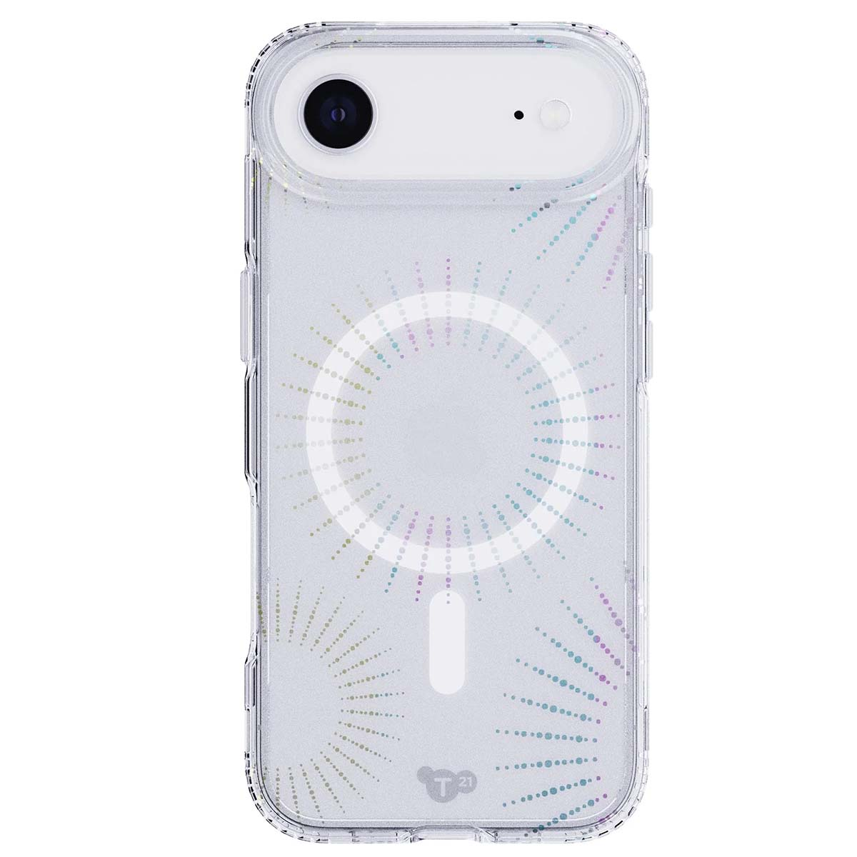 Custodia trasparente per telefono con un design di punti colorati radianti e un'area magnetica circolare bianca.