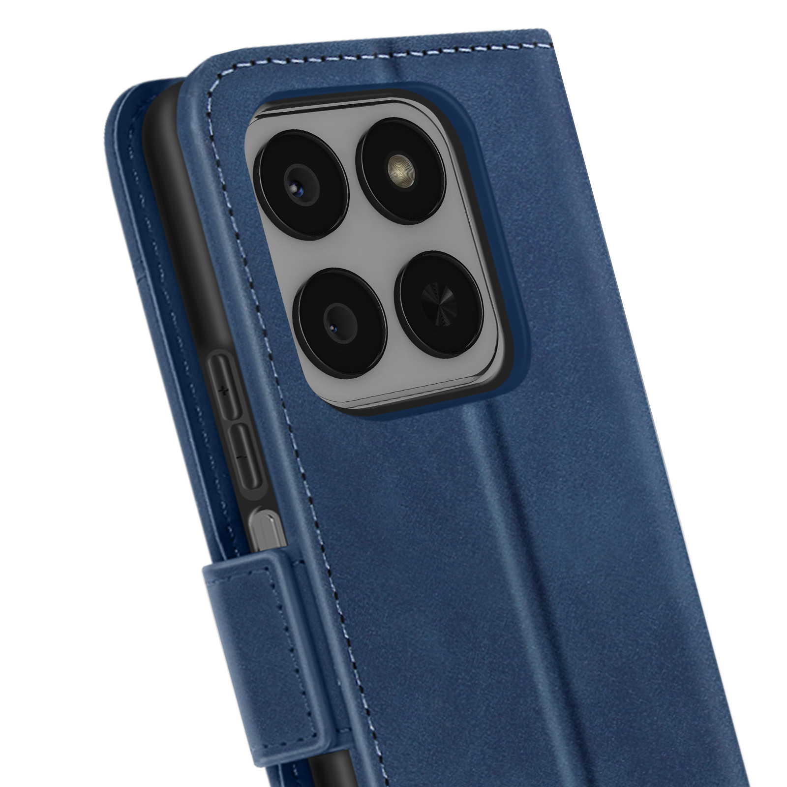 Un étui de téléphone bleu avec un téléphone à l'intérieur. L'étui a une fermeture magnétique et quatre lentilles de caméra sont visibles.