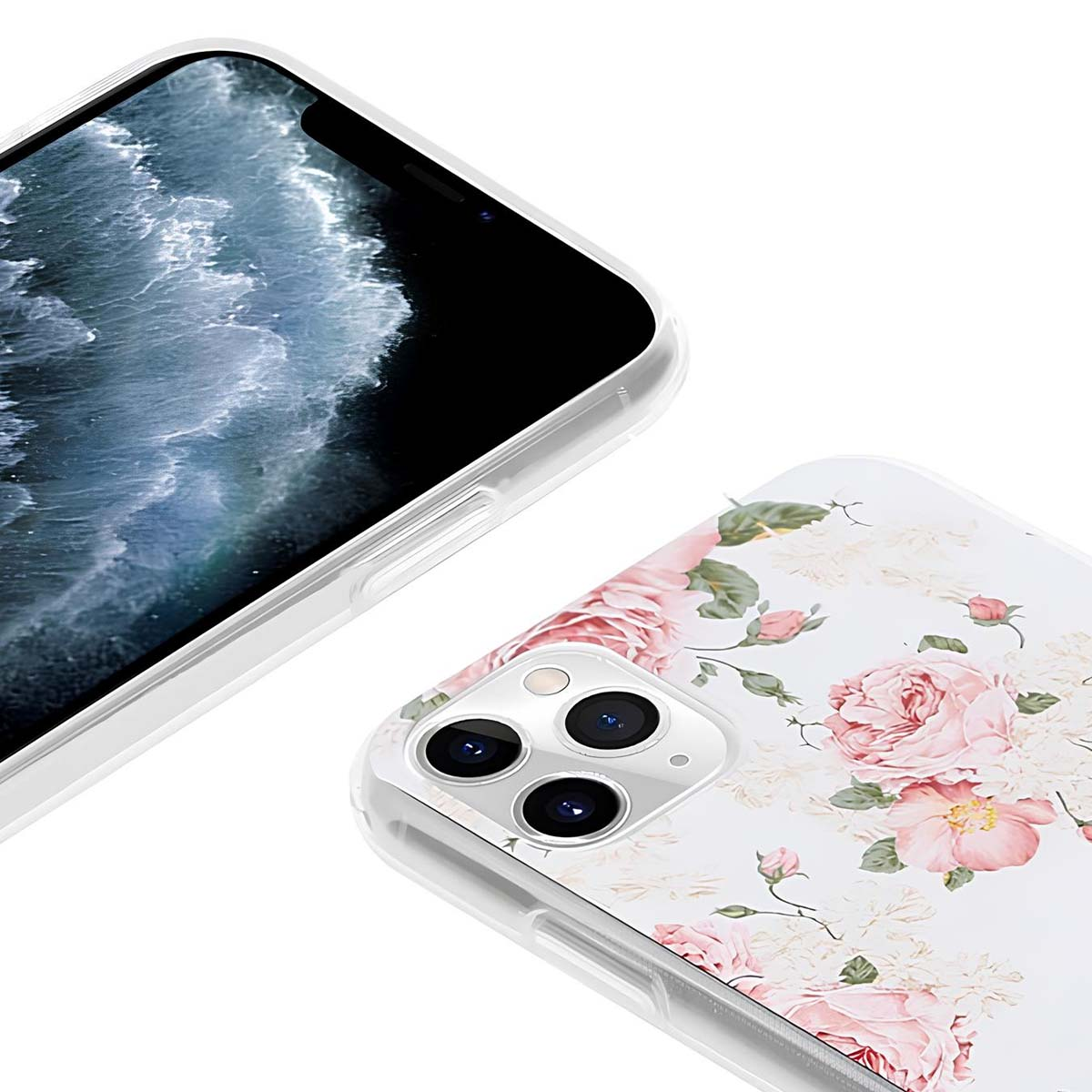 Zwei Smartphones. Eines zeigt ein blaues Bild, das andere hat ein Blumendesign. Beide haben transparente Hüllen.