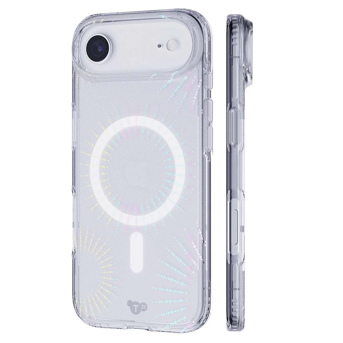 Custodia trasparente per iPhone con retro bianco. Presenta un design circolare al centro con strisce colorate che si irradiano verso l'esterno. Vista laterale inclusa.