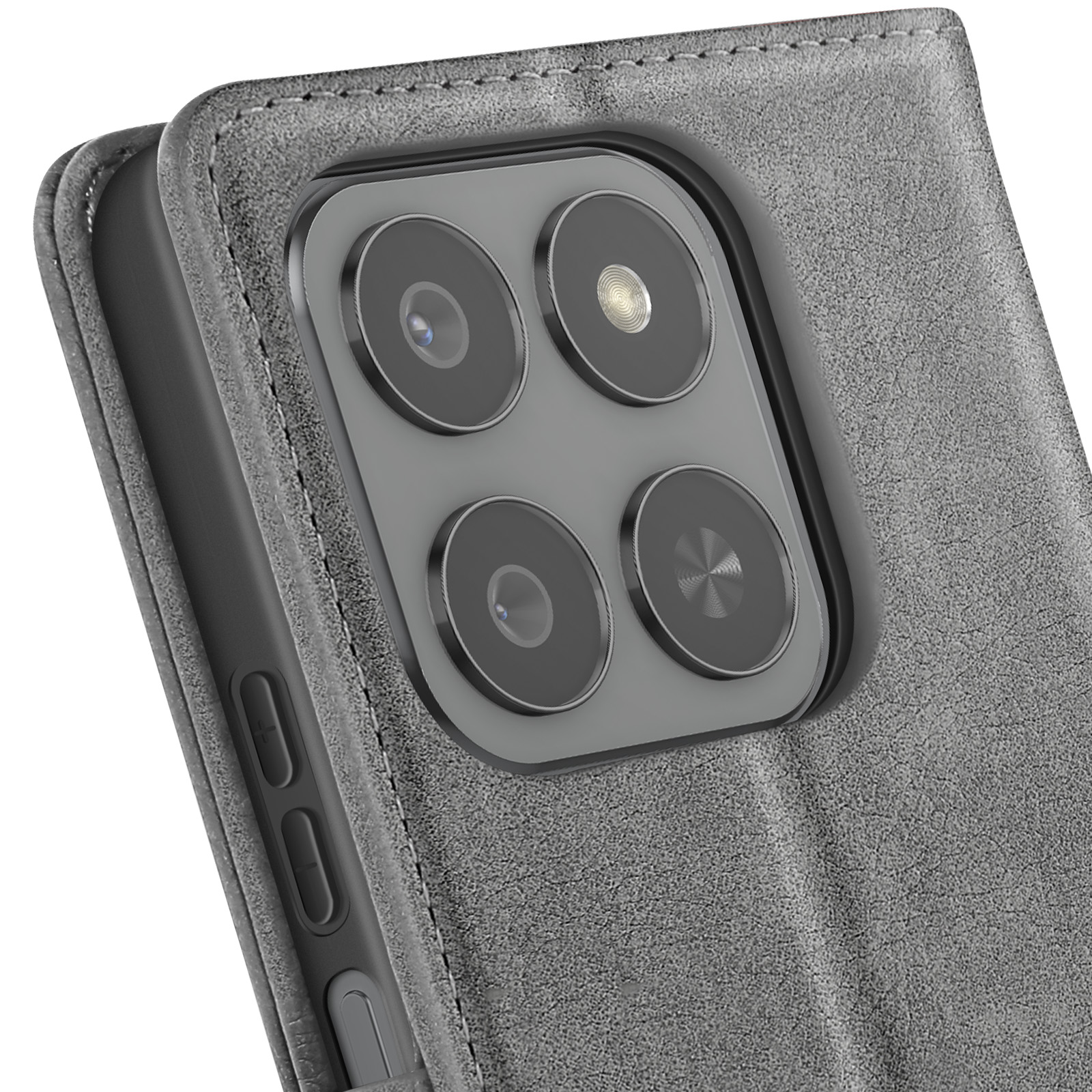 Primo piano di una custodia grigia per telefono con modulo fotocamera. La custodia ha una superficie strutturata e bordi cuciti.
