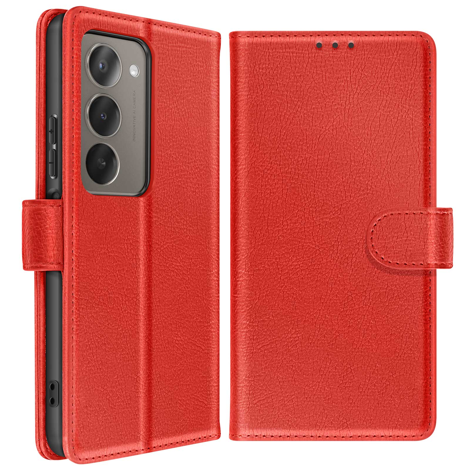 Custodia per telefono in pelle rossa aperta. Il telefono è visibile a sinistra. La fotocamera ha tre obiettivi.