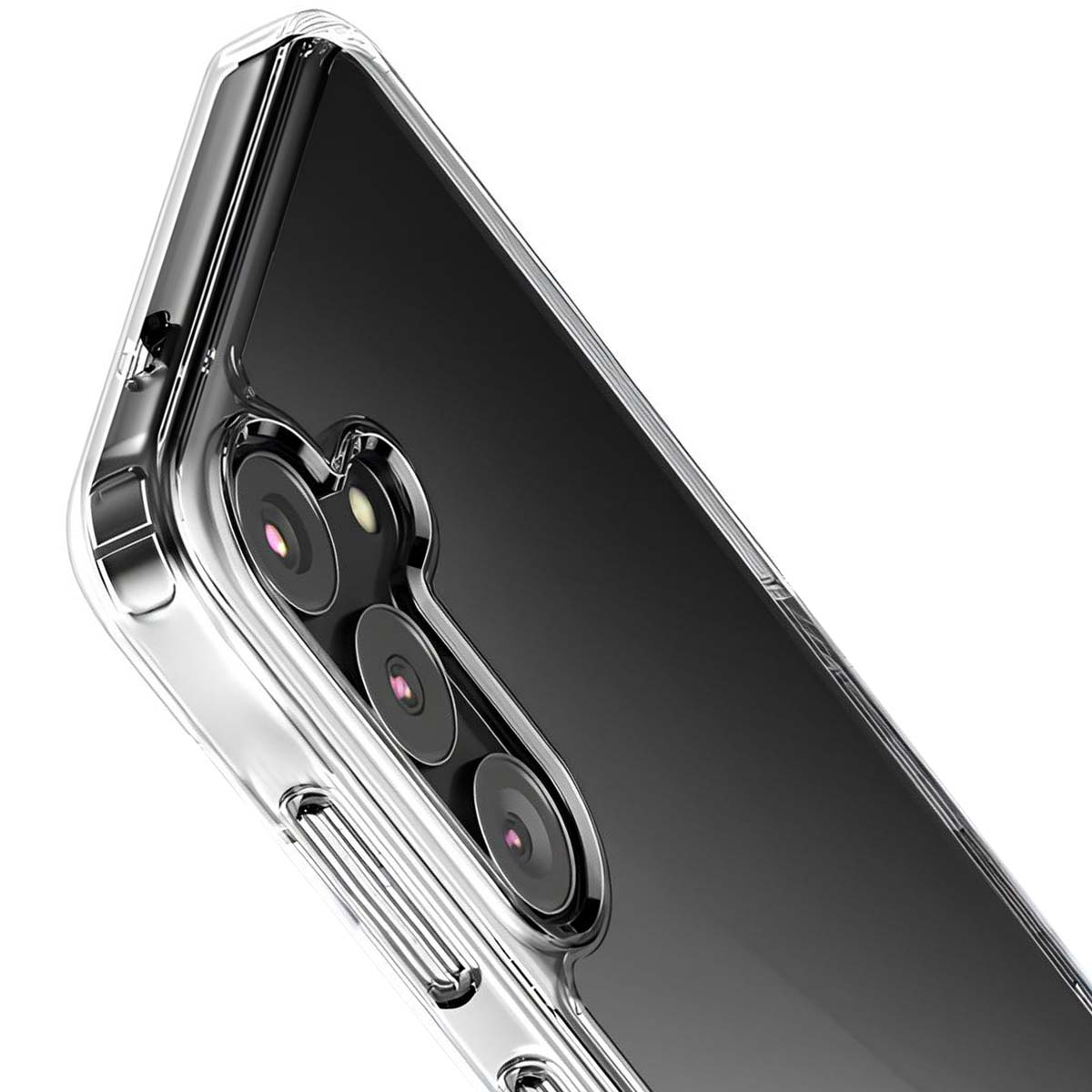 È mostrata una custodia trasparente per telefono con un modulo fotocamera, la custodia è trasparente e la fotocamera del telefono è visibile.