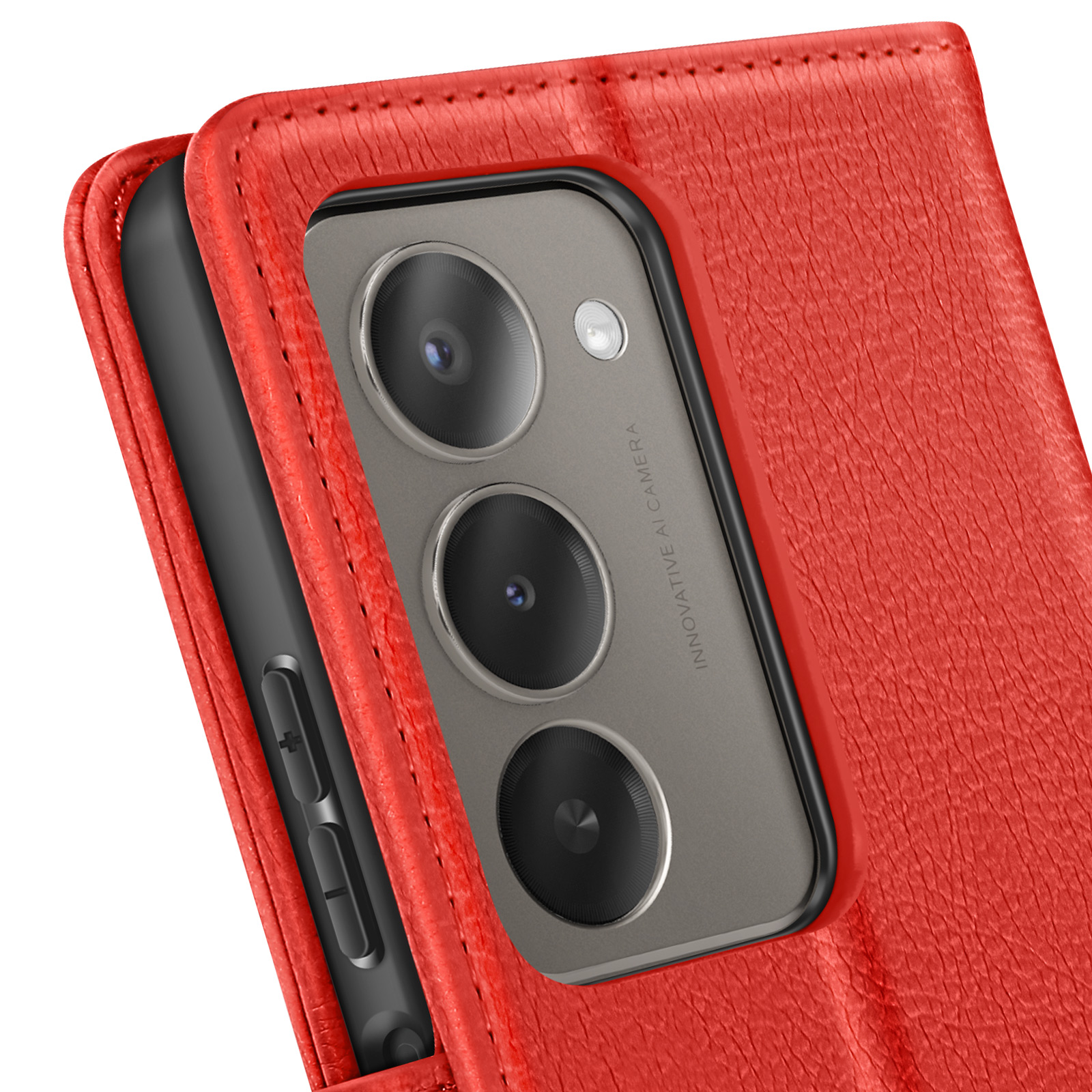 Primo piano di una custodia rossa per telefono con un telefono all'interno. Il telefono ha una fotocamera e pulsanti. La custodia ha cuciture.