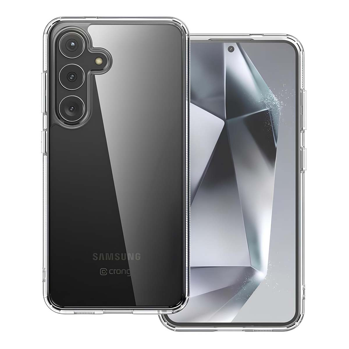 Una custodia trasparente per telefono accanto a un telefono. La custodia ha un ritaglio per la fotocamera. Lo schermo mostra un design astratto grigio.