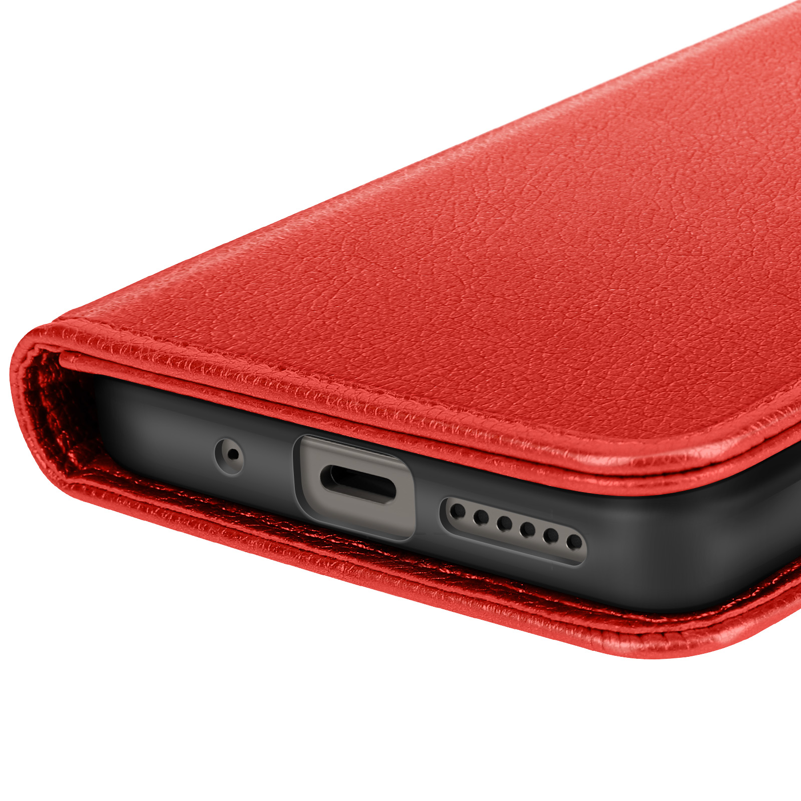 Custodia per telefono in pelle rossa. La parte inferiore del telefono è visibile, con la porta di ricarica e i fori degli altoparlanti.