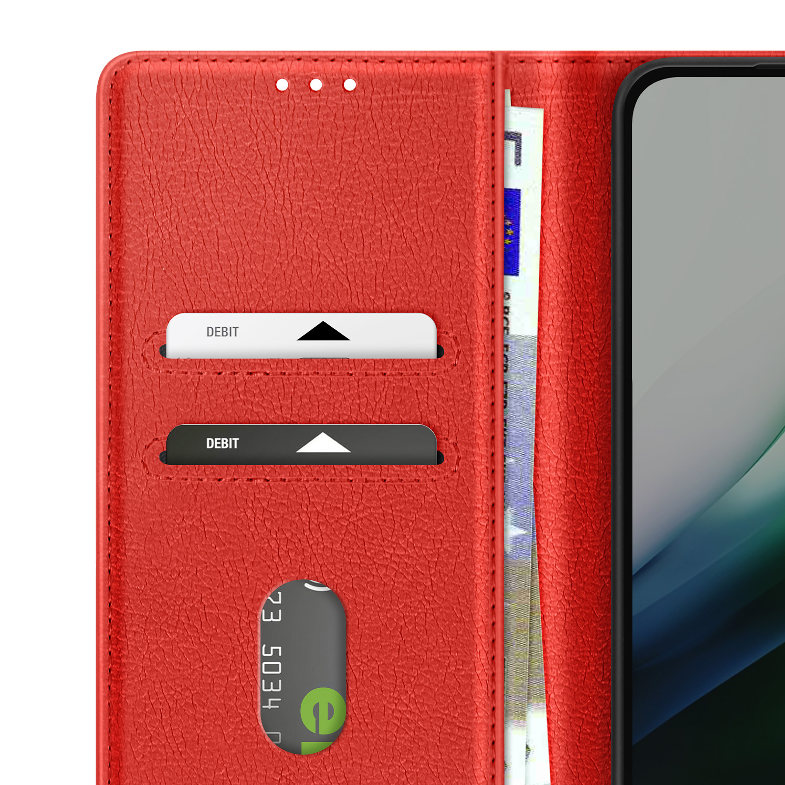 Portafoglio in pelle rosso, carte di debito e smartphone. Valuta europea visibile. Custodia nera.
