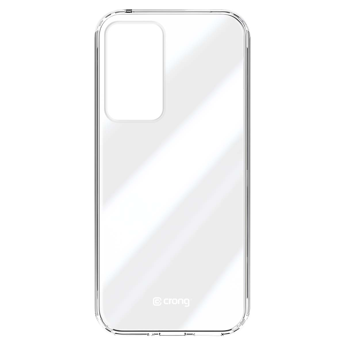 Una custodia trasparente per telefono con un ritaglio per la fotocamera. La custodia è trasparente con il marchio 'crong' in basso.