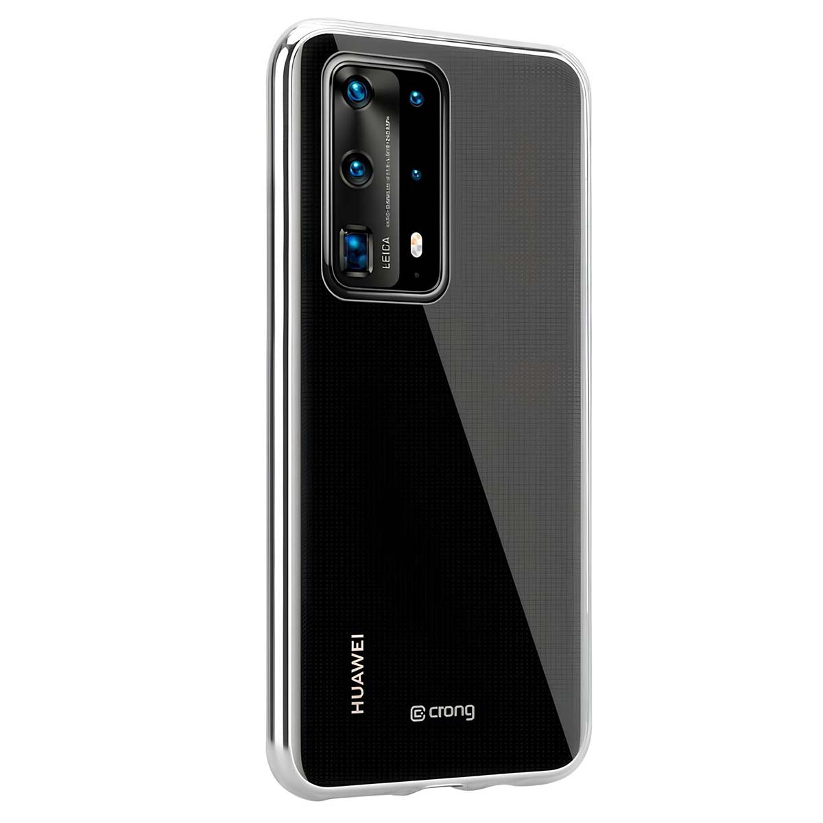 Un telefono Huawei in una custodia trasparente. Il telefono ha fotocamere Leica. La custodia mostra il retro e i loghi: Huawei e Crong.