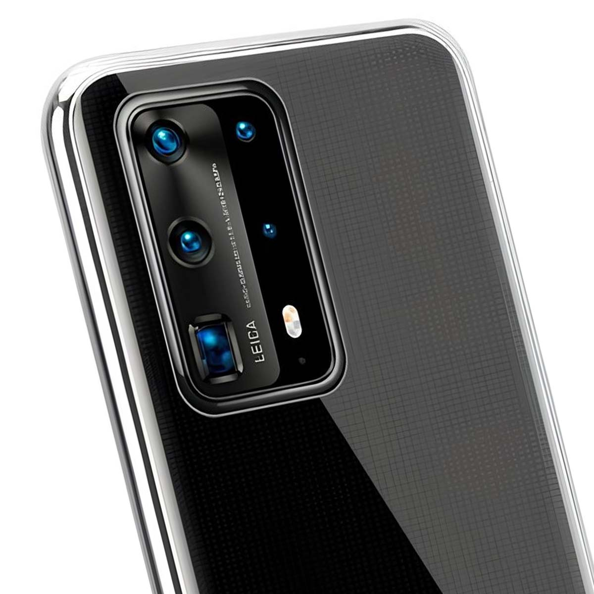 Primo piano della parte posteriore di un telefono. L'area della fotocamera è nera con lenti blu. Il telefono ha una custodia protettiva trasparente.