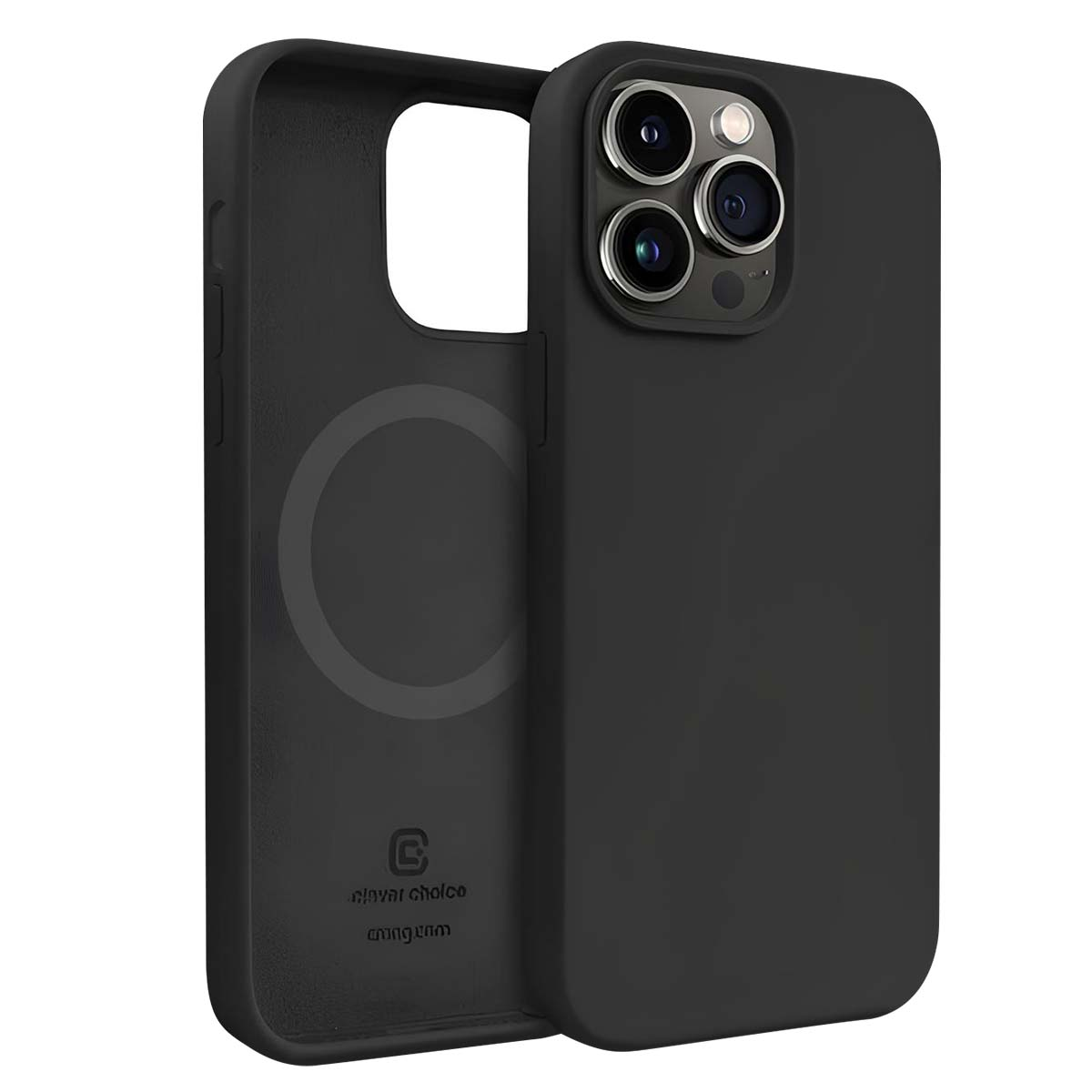 Custodia nera per telefono con ritagli per fotocamera e logo all'interno. La custodia è aperta, mostrando l'interno e il cerchio MagSafe.