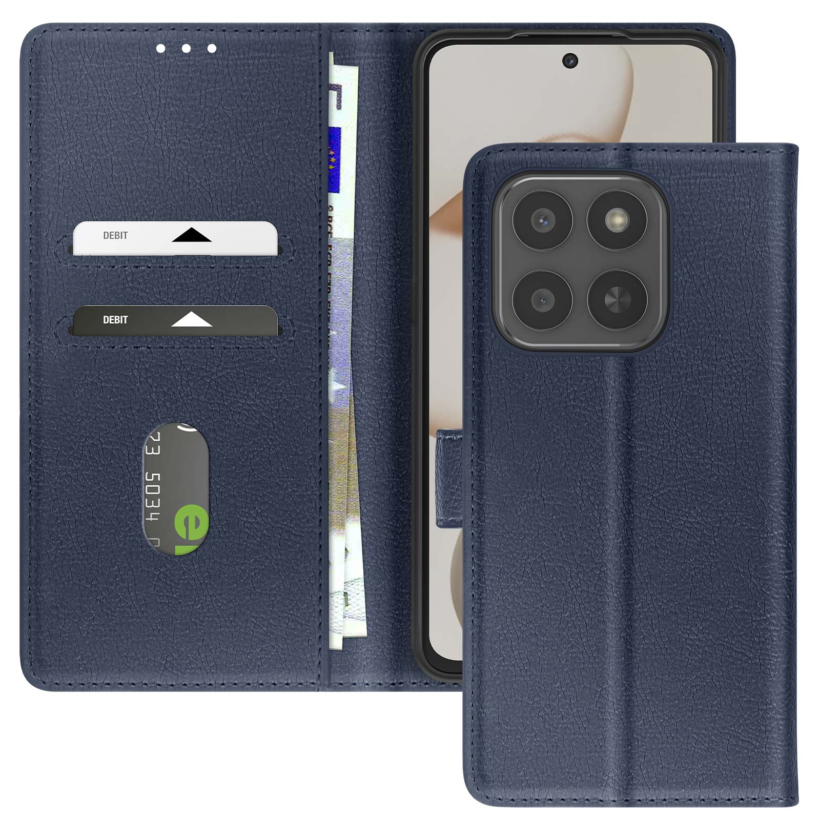 Una custodia blu per telefono con un telefono all'interno. Sono visibili carte e denaro. La custodia è aperta.