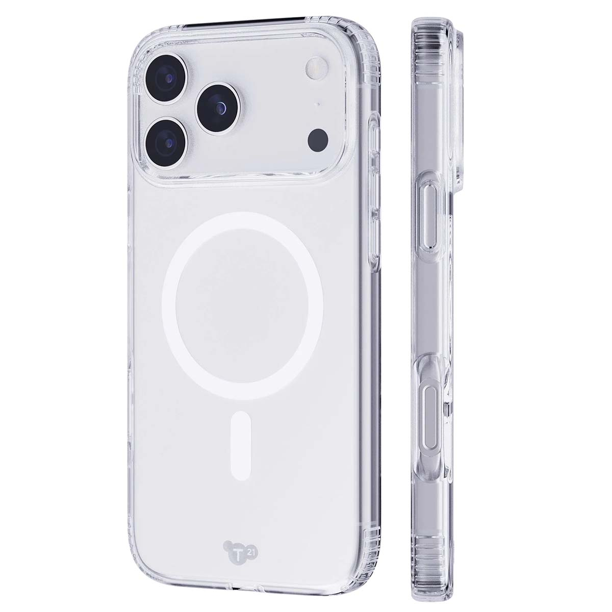 Custodia trasparente per iPhone con tre lenti della fotocamera e un design circolare sul retro, vista laterale.